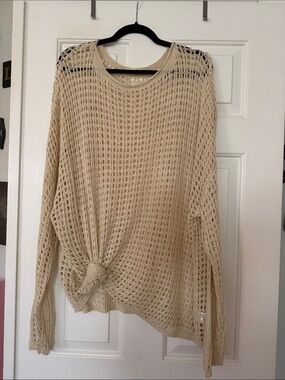 easel Open-Knit Cream Scoop Neck Sweater with Front Knot